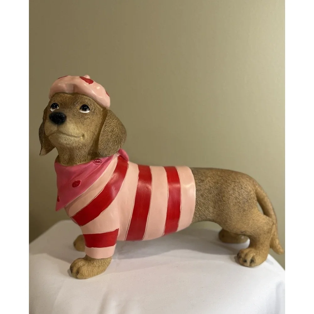 Valentine DACHSHUND Dog DOXIE with BERET Red Pink Striped Shirt Figurine Figure